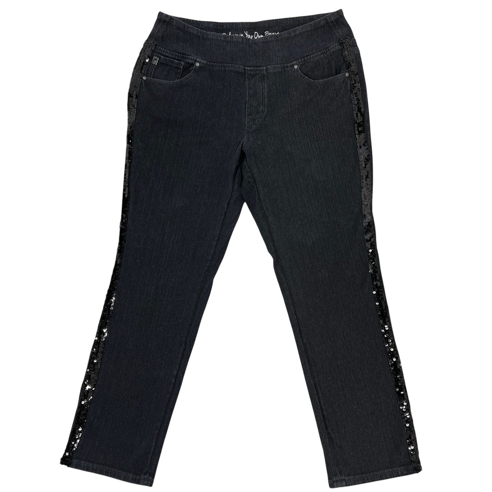 Belle Kim Gravel Jeans 16 Black Sequin Stripe Pull On Straight Leg Sequins Bling